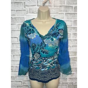 Forbidden Cotton/Viscose Y2K 90s Blue Rhinestone Flare Sleeve Top Women's Small